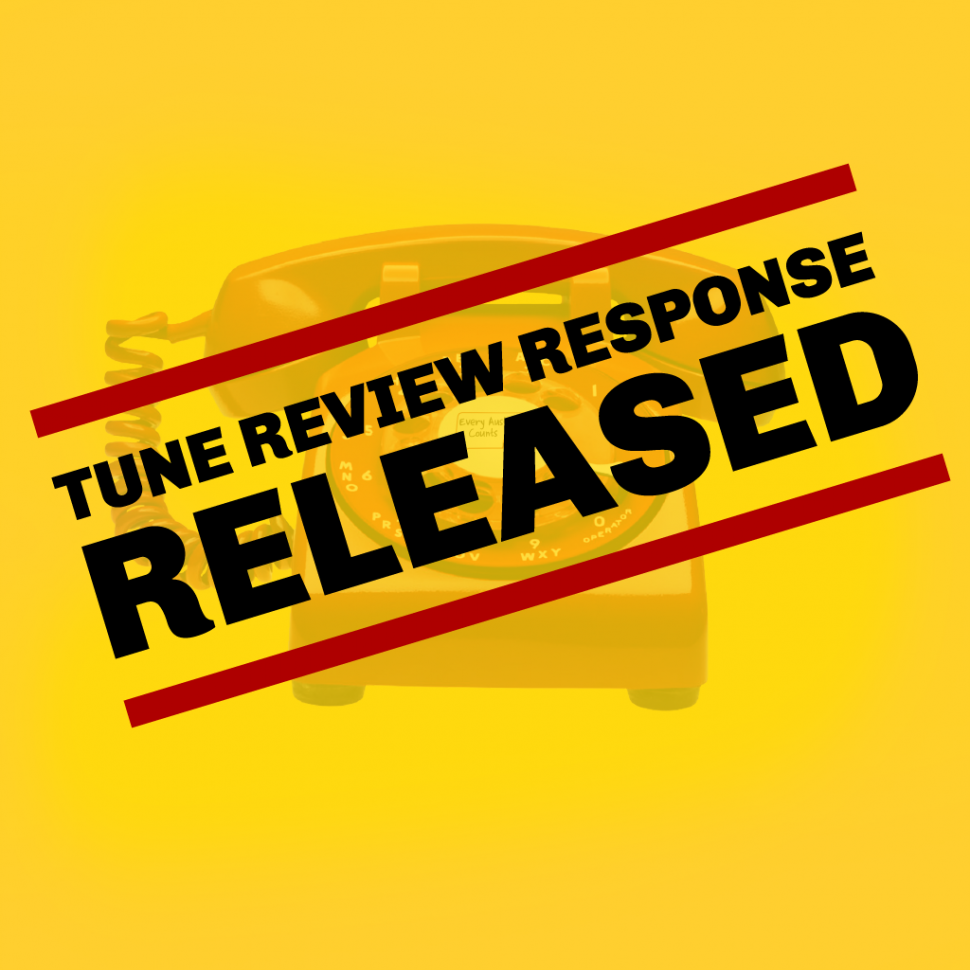Faded red phone on yellow background. Text reads "Tune Review response released”