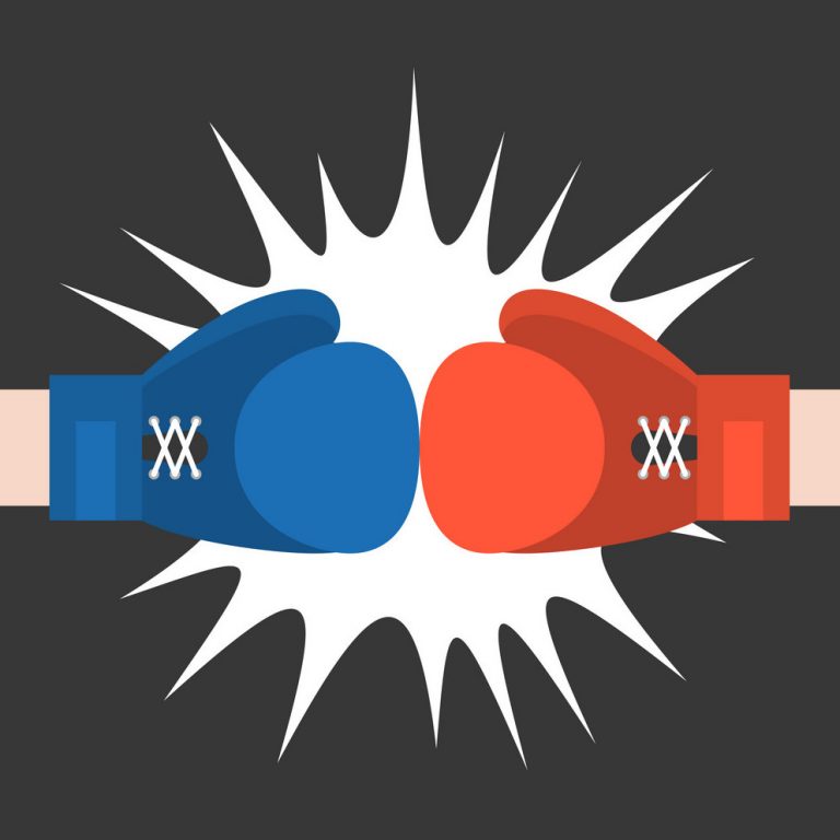 A red and a blue boxing glove, hitting each other.