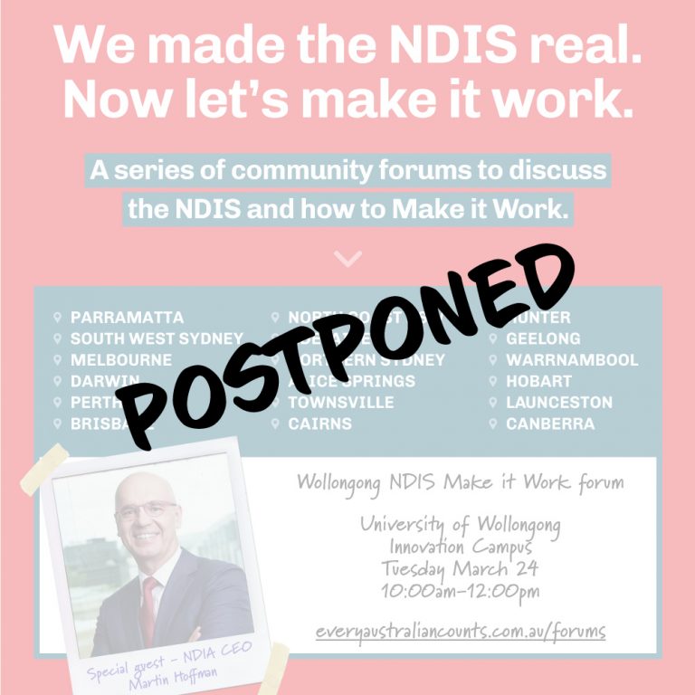 The word "postponed" in large black text over an image of an NDIS Make it Work forum flyer