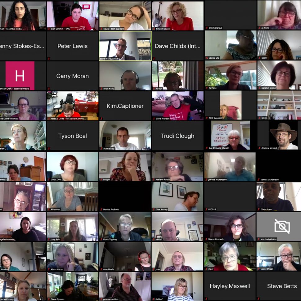 A few screenshots from Zoom showing 60 people in a grid