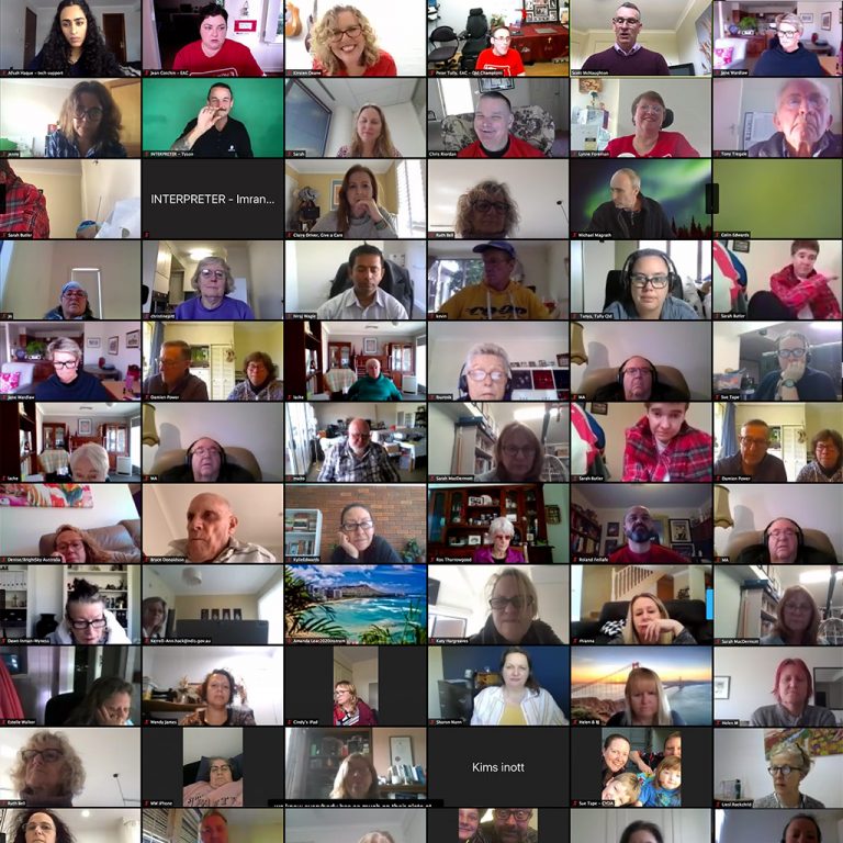 A few screenshots from Zoom showing 66 people in a grid